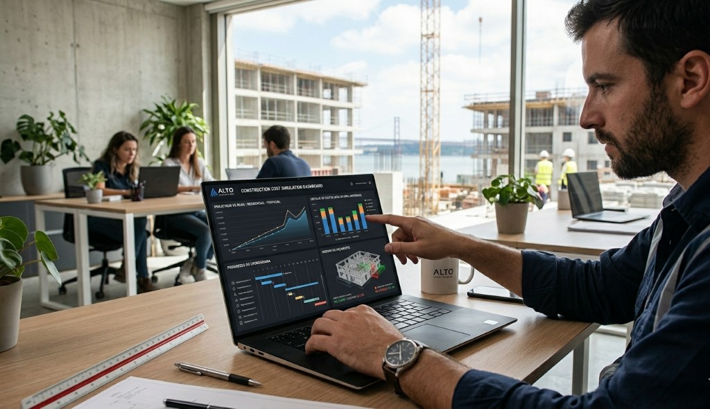 Profissional a consultar dashboard de simulação de custos de construção com gráficos de orçamento e cronograma