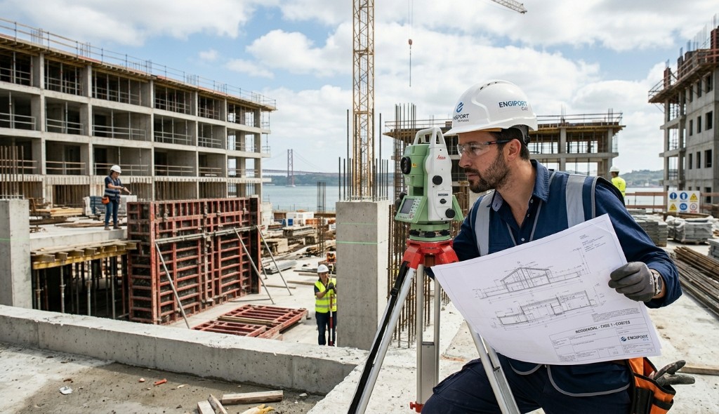 Engenheiro civil com plantas e estação total numa obra de construção em Portugal
