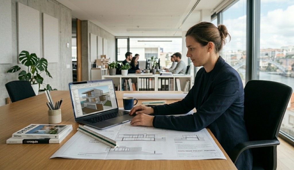 Arquiteta a analisar projeto residencial Costa House em Portugal com plantas e modelo 3D no portátil