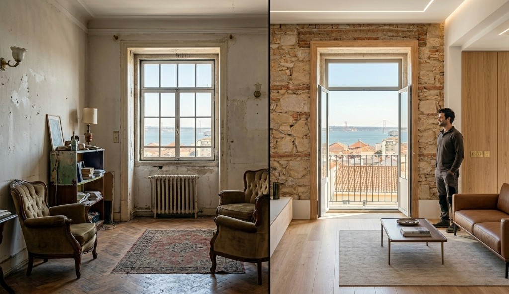 Comparação antes e depois de remodelação interior de habitação com acabamentos modernos