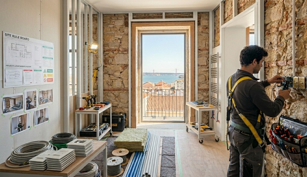 Remodelação em curso em edifício histórico com instalações elétricas e vista para a cidade