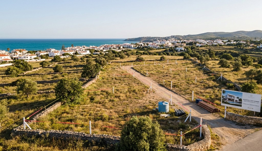 Vista aérea de terreno delimitado para construção com projeto de moradia e vista para o mar
