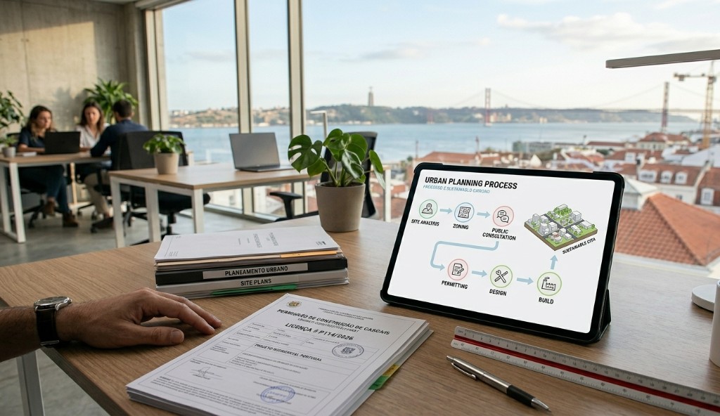 Secretária com tablet a mostrar o processo de planeamento urbanístico, documentos de licenciamento e vista de Lisboa